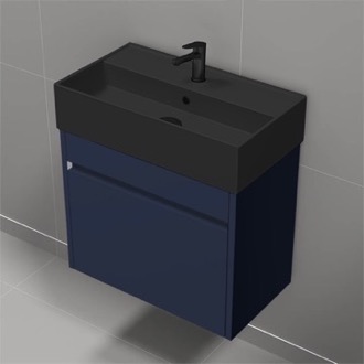Bathroom Vanity Small Floating Bathroom Vanity, Modern, Navy Blue, Black Ceramic Sink, 24 Inch, Narrow Depth Nameeks MINI14